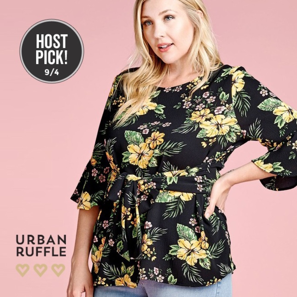 Floral Tie Front Bell Sleeve Top